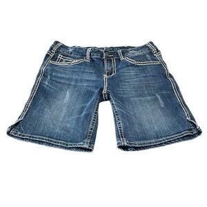 Cowgirl Tuff DFMI Cream Denim Jean Shorts Women's 30 x 9 Long Stretch Distressed